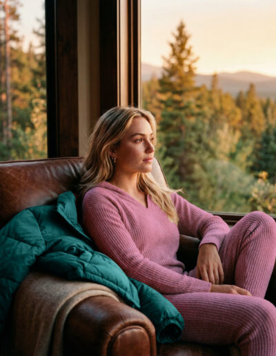 Seamless one-piece with hoodie and teal puffer jacket. AW 26 colors